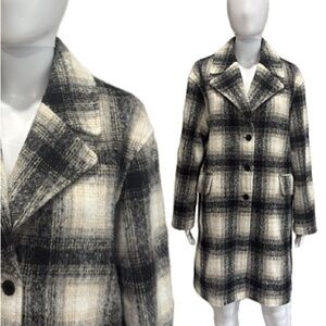 Treasure & Bond Plaid Long Coat Womens Size M Button Front Flap Pocket Duster